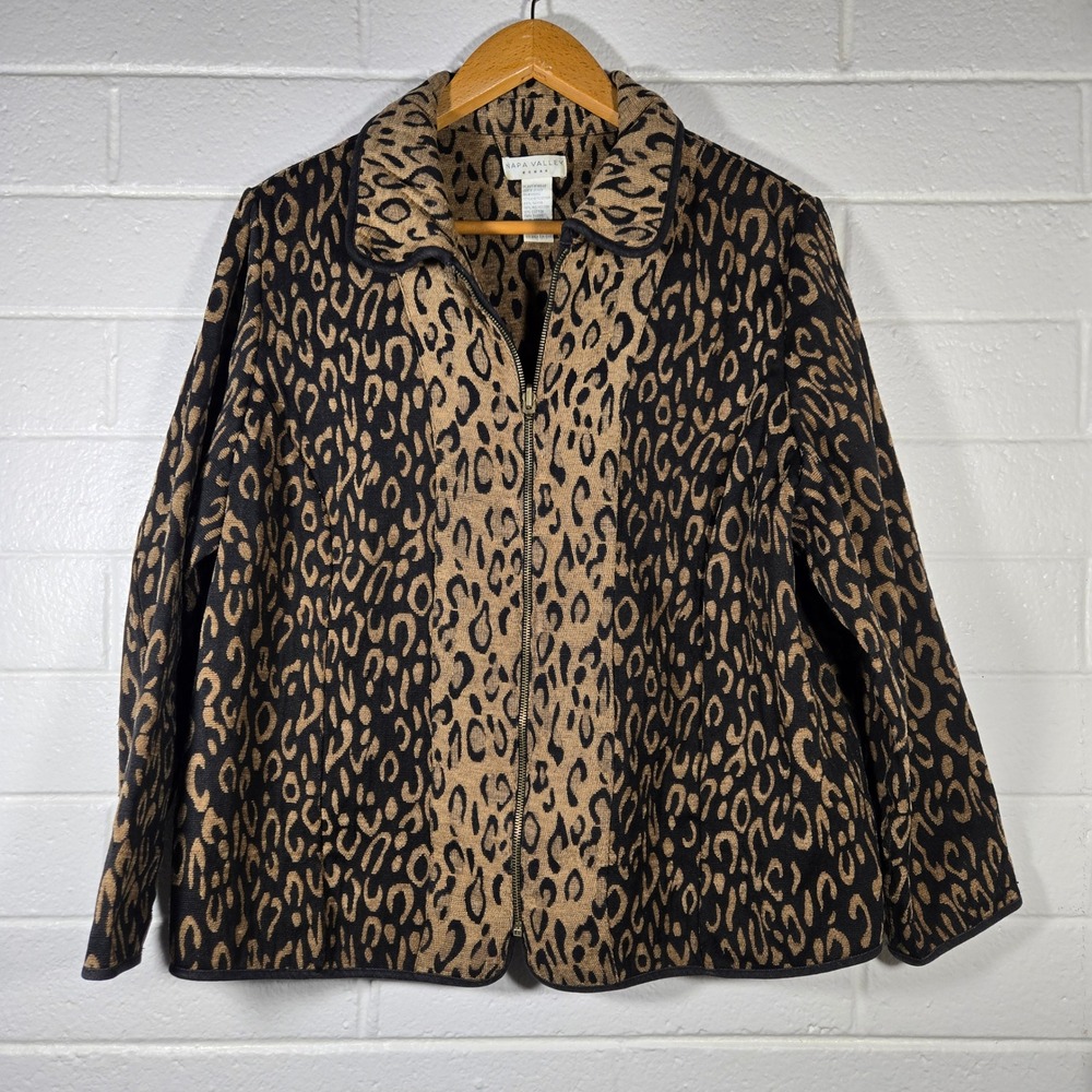 Vtg Tapestry Full Zip Leopard Print Jacket 1X Plus Brown Colorblock Animal